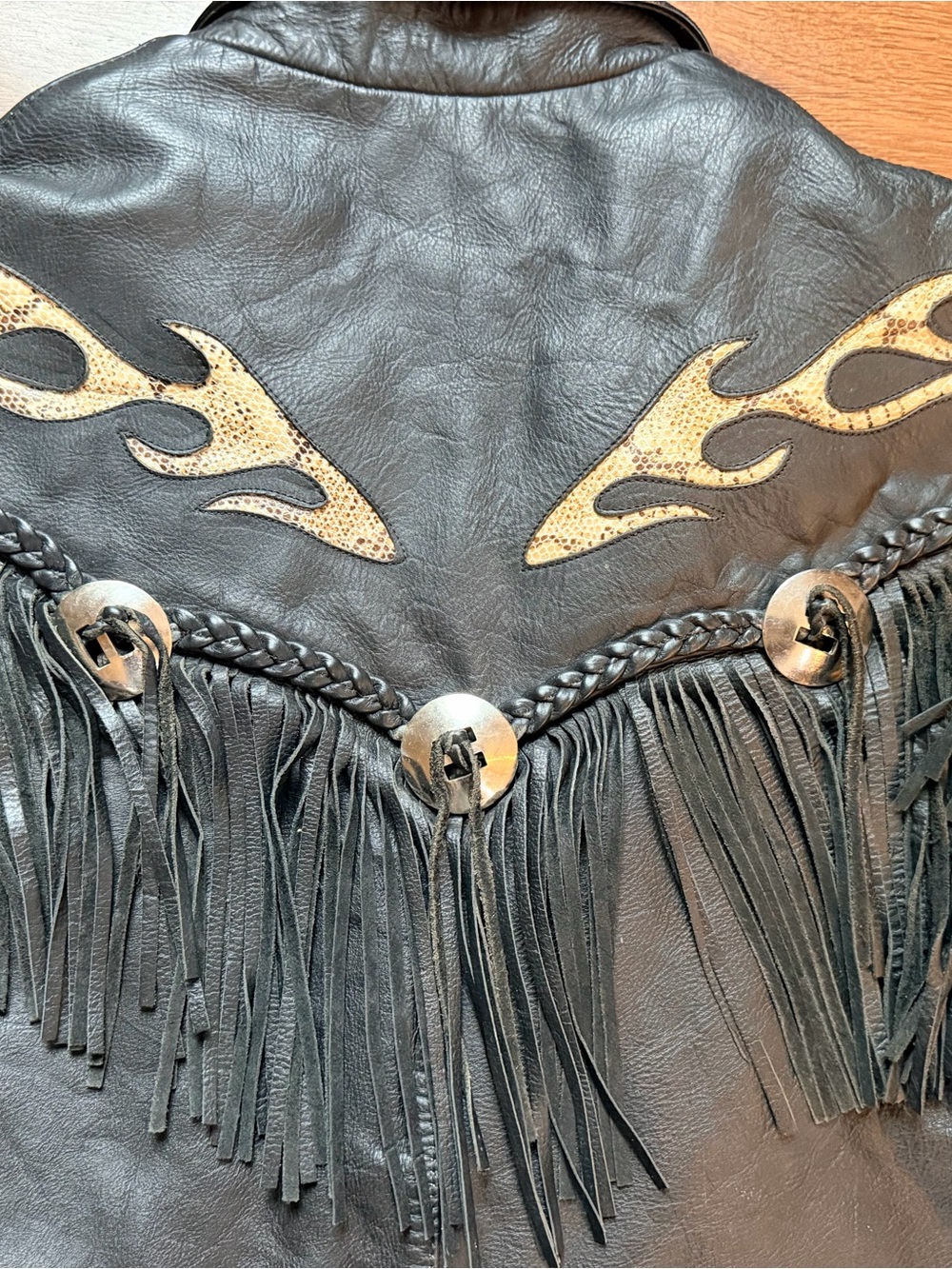 Men's Black Leather Fringe Jacket with Snake Flame Accents - Picture 8 of 13